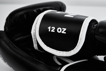 Pair of black boxing gloves on white background, closeup