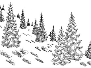 Mountain forest hill graphic black white landscape sketch illustration vector