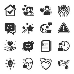 Set of People icons, such as Couple, Smile face, Man love symbols. Smile chat, Employee hand, Working hours signs. Healthy face, Hold heart, Heart. Wash hands, Cv documents flat icons. Vector