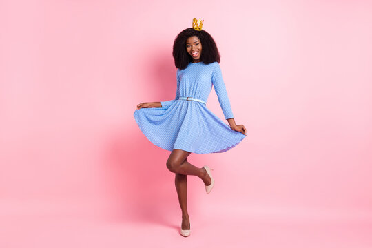 Photo of lovely funky lady prom party dance wear tiara blue dotted short dress high-heels isolated pink color background