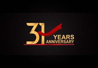 31 years anniversary design with red ribbon and golden color isolated on black background for celebration moment