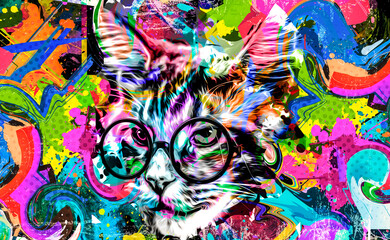 cat head with eyeglasses and creative abstract elements on colorful background - obrazy, fototapety, plakaty