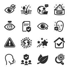 Set of Medical icons, such as Farsightedness, Eye laser, People insurance symbols. Coronavirus, Check eye, Insurance policy signs. Coronavirus research, Skin cream, Face accepted. Cough. Vector