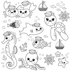 Cute sea sailor animals swimming underwater. Vector black and white coloring page