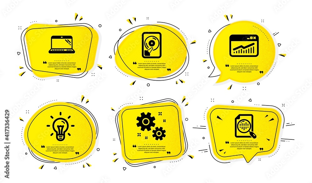 Poster work, hdd and laptop icons simple set. yellow speech bubbles with dotwork effect. idea, website stat