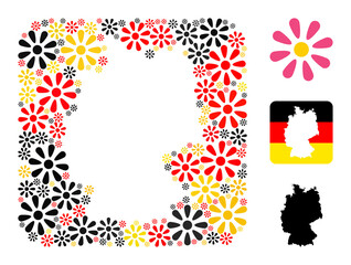 German geographic map hole mosaic. Hole rounded rectangle collage formed of flower icons in various sizes, and Germany flag official colors - red, yellow, black.