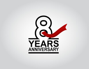 8 years anniversary logotype with black outline number and red ribbon isolated on white background for celebration