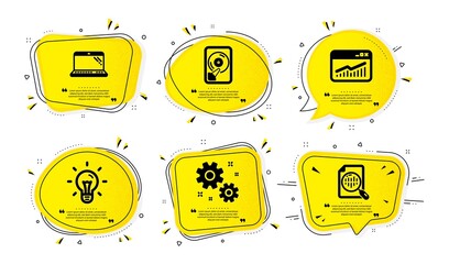 Work, Hdd and Laptop icons simple set. Yellow speech bubbles with dotwork effect. Idea, Website statistics and Analytics chart signs. Settings, Memory disk, Computer. Vector