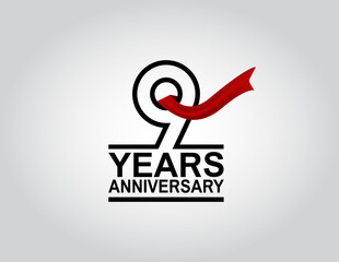 9 years anniversary logotype with black outline number and red ribbon isolated on white background for celebration