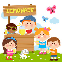 Children at a lemonade stand drinking and selling fresh lemon juice. Vector illustration