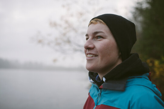 Female hiker looking away