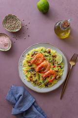 Spanish paella with seafood, shrimp and vegetables. Healthy eating. Spanish cuisine.