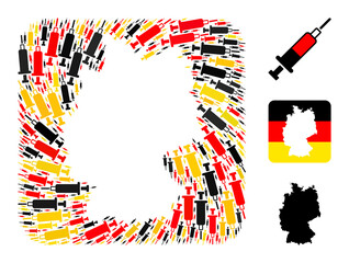 Obraz premium Germany map hole mosaic. Stencil rounded square collage designed of blood syringe items in various sizes, and Germany flag official colors - red, yellow, black.