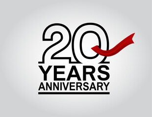 20 years anniversary logotype with black outline number and red ribbon isolated on white background for celebration