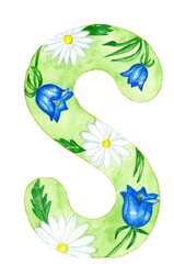 watercolor illustration, element, letter, summer, summer flowers, isolated