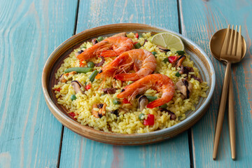 Spanish paella with seafood, shrimp and vegetables. Healthy eating. Spanish cuisine.
