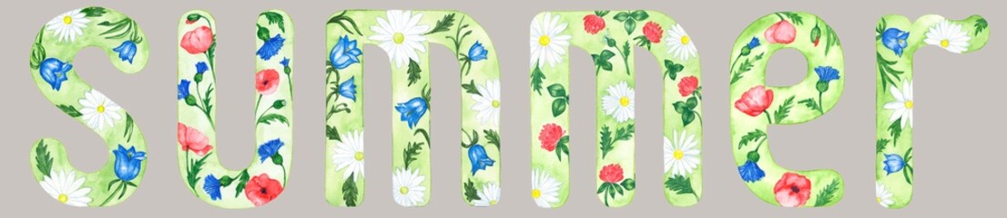 watercolor illustration, element, letter, summer, summer flowers, isolated