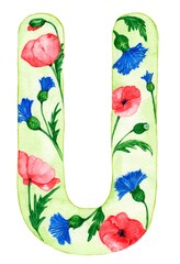 watercolor illustration, element, letter, summer, summer flowers, isolated