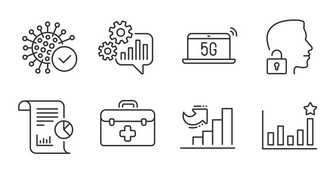 Efficacy, Cogwheel and Coronavirus line icons set. Unlock system, 5g notebook and First aid signs. Growth chart, Report symbols. Business chart, Engineering tool, Confirmed infection. Vector
