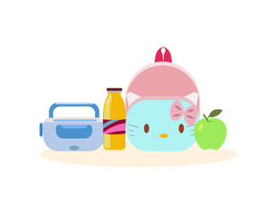 Lunchbox set with a juice box, backpack, plastic container, an apple, beverage bottle. High quality illustration