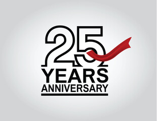 25 years anniversary logotype with black outline number and red ribbon isolated on white background for celebration