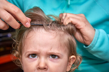 Close-up of a little girl with dislike face, being combed by her mother