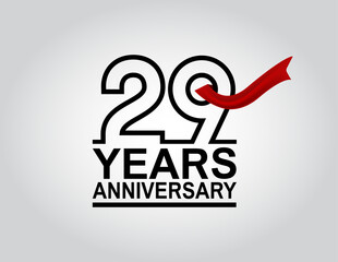 29 years anniversary logotype with black outline number and red ribbon isolated on white background for celebration