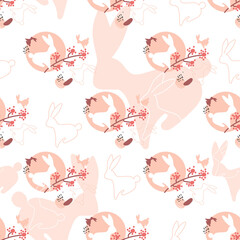 Seamless repeating pattern with trendy abstract bunnies. Vector illustration of bunny silhouette with flowers and abstract shapes. Texture for fabric, wallpaper, textile, apparel. web, poster, buner