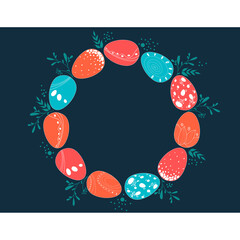Vector Easter template with red, blue, orange Easter eggs and green leaves arranged in circle frame on a dark background. Place for text