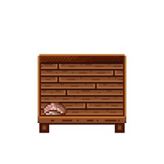 Vegetable shop pixel art. Mushrooms in a wooden crate. Mushrooms,  food pixel art icon isolated on white background. Mushroom stall. Showcase with vegetable waste. Vector illustration.