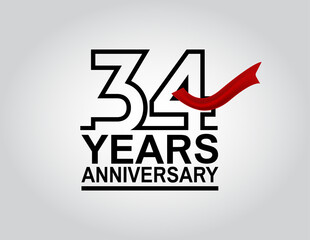34 years anniversary logotype with black outline number and red ribbon isolated on white background for celebration