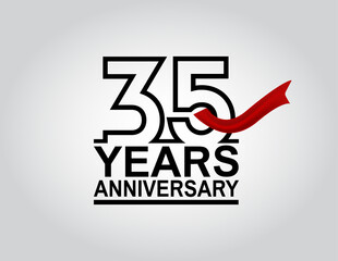 35 years anniversary logotype with black outline number and red ribbon isolated on white background for celebration