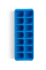 blue plastic form freezer ice on white background