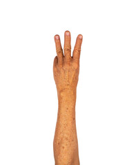 Three finger or salute hand gesture by senior on white background