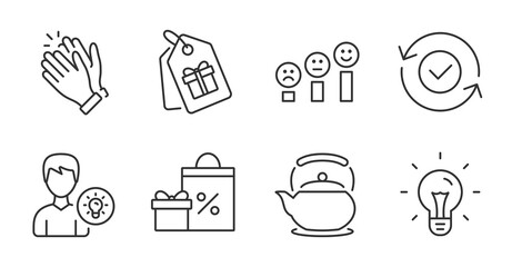 Clapping hands, Idea and Person idea line icons set. Security confirmed, Customer satisfaction and Teapot signs. Shopping, Coupons symbols. Clap, Light bulb, Lamp energy. Quality line icons. Vector