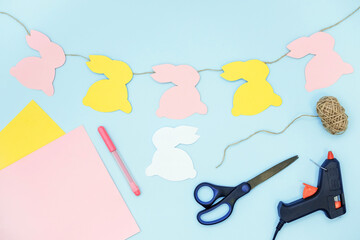 DIY easter decoration. Step-by-step instruction. Handmade Easter craft. Flat lay of final result...