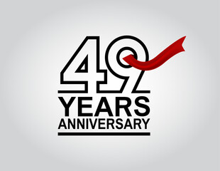 49 years anniversary logotype with black outline number and red ribbon isolated on white background for celebration