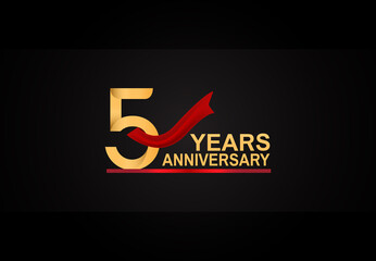 5 years anniversary design with red ribbon and golden color isolated on black background for celebration moment