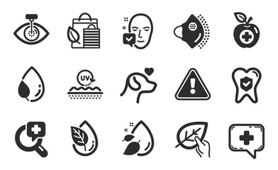 Fototapeta premium Leaf dew, Water drop and Medical chat icons simple set. Organic tested, Eye laser and Medical mask signs. Uv protection, Dental insurance and Pets care symbols. Flat icons set. Vector