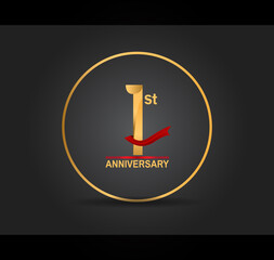 1 anniversary design golden color with ring and red ribbon isolated on black background for celebration moment