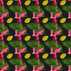 Tropical seamless pattern. Paradise print with birds and palm trees. Print for textiles