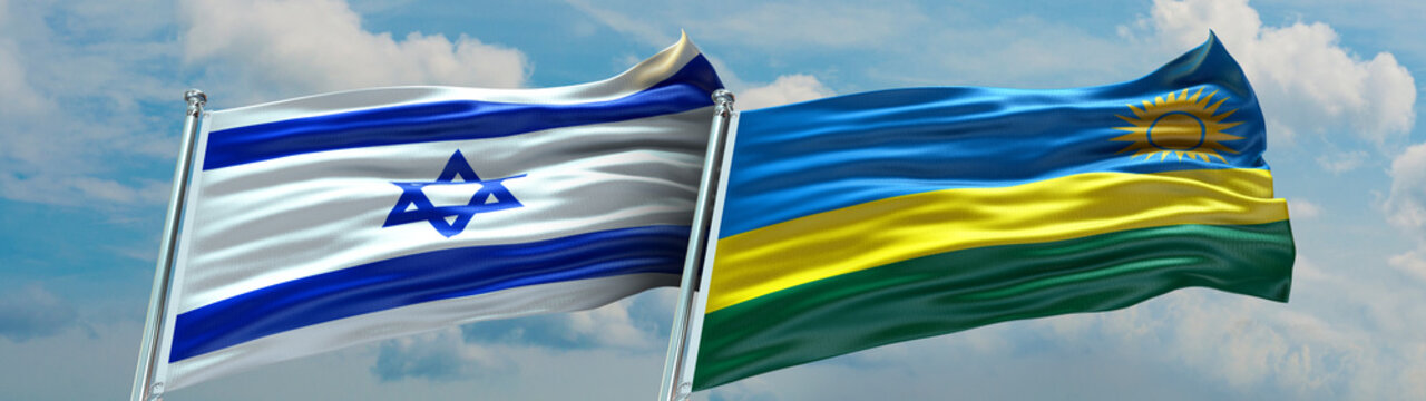 Rwanda Flag And Israel Flag Waving With Texture Blue Sky With Clouds Double Flag