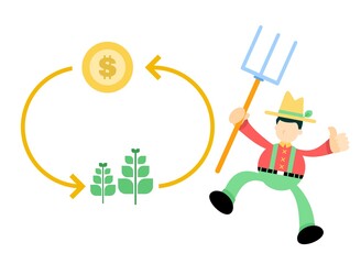 farmer man agriculture are looking at farm cycle process that turn into money economy cartoon doodle flat design style vector illustration