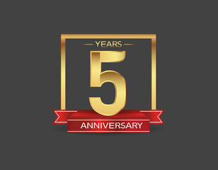 5 years anniversary logo style with golden square and red ribbon isolated on black background for celebration moment
