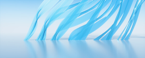 3d Render Abstract Blue Transparent Wavy lines on white background
