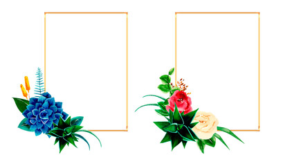 Watercolor clipart illustration of cactus and succulents wreaths on golden frame in a rectangle shape with red and white roses, greenery, wildflowers suitable for greeting cards, prints, photo frames