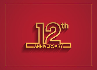 12 anniversary design with simple line style golden color isolated on red background