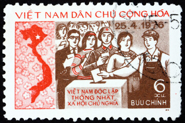 Postage stamp Vietnam 1976 hand placing ballot in ballot box