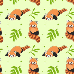 Seamless pattern of cute red panda and bamboo. Cartoon design animal character flat vector style. Texture for fabric, wrapping, textile, wallpaper, clothing. © Alina