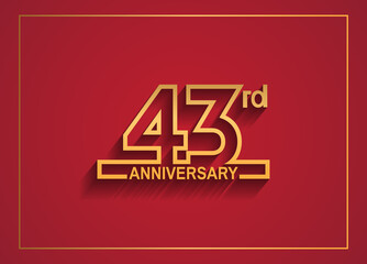 43 anniversary design with simple line style golden color isolated on red background